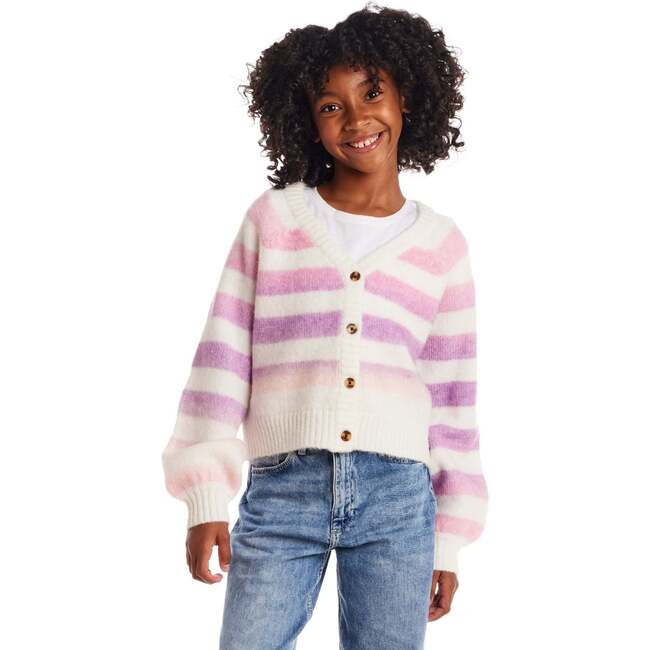 Big Kids Stripe Cardigan, Oatmeal Lavendar - Sweaters - 3