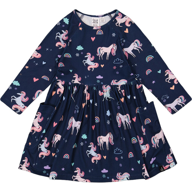 Jersey Dress with Pockets, Navy Unicorn Print