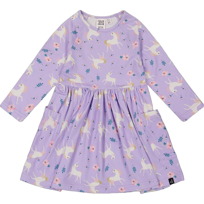 Jersey Dress with Pockets, Lilac Unicorn Print
