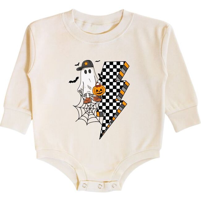 Checker Ghost Halloween Long Sleeve Romper, Natural