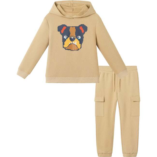 Kids Hooded Patch Sweatshirt & Pant Set, Beige Bulldog