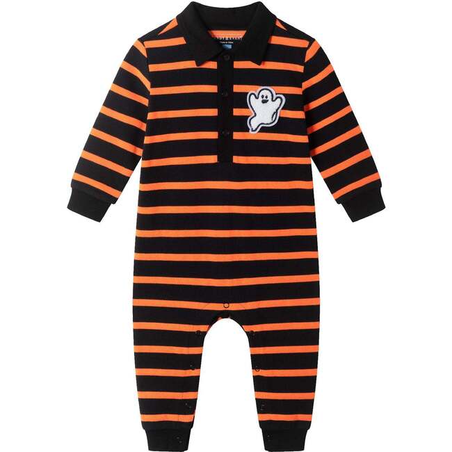 Infant Rugby Stripe Halloween Romper W/Ghost Patch, Black Ora Strp
