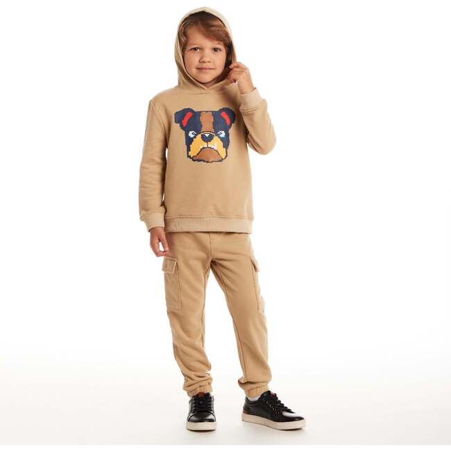 Kids Hooded Patch Sweatshirt & Pant Set, Beige Bulldog - Mixed Apparel Set - 3