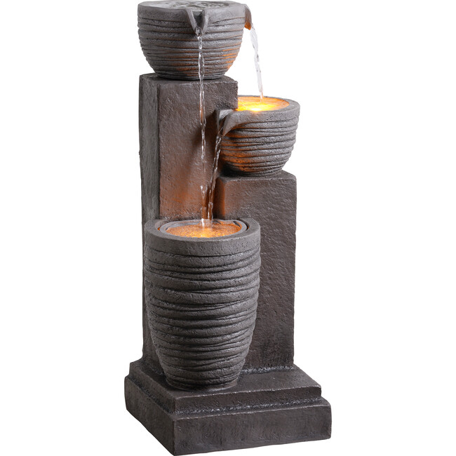 Teamson Home Horizontal Ribbed Pattern Outdoor Water Fountain with Warm Glow Lighting
