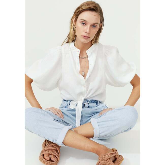 Bubble Linen Crop Top, White