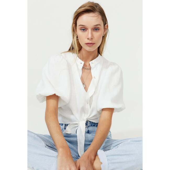 Bubble Linen Crop Top, White - Button Downs - 3