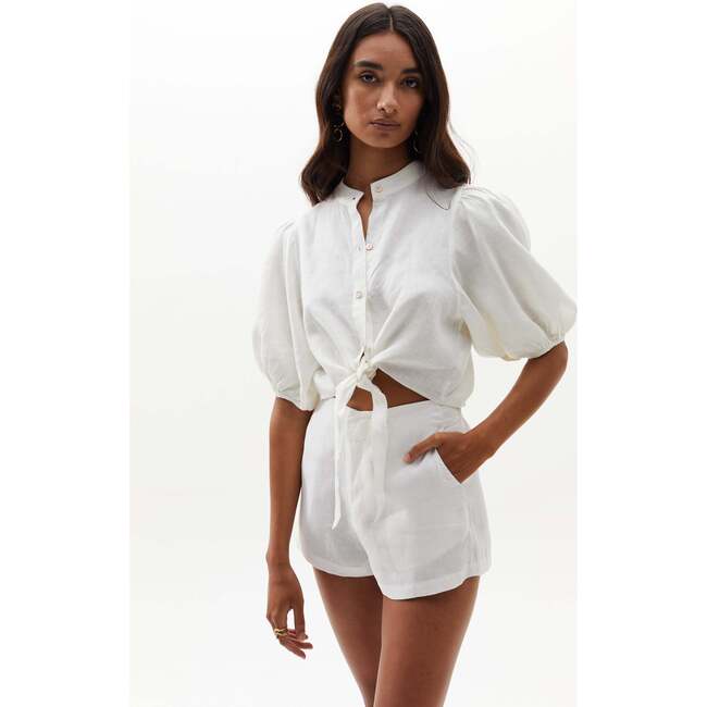 Bubble Linen Crop Top, White - Button Downs - 4