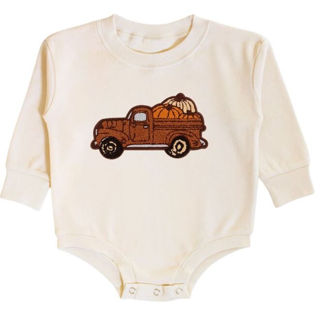 Fall Truck Patch Long Sleeve Romper, Natural