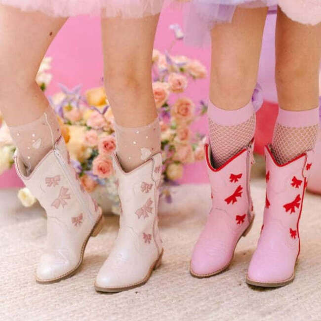 Cowgirl White + Pink Bow Boots, White & Pink - Boots - 3
