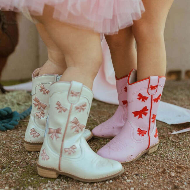 Cowgirl White + Pink Bow Boots, White & Pink - Boots - 4