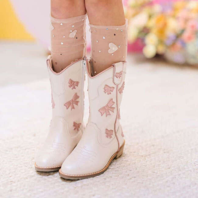 Cowgirl White + Pink Bow Boots, White & Pink - Boots - 5