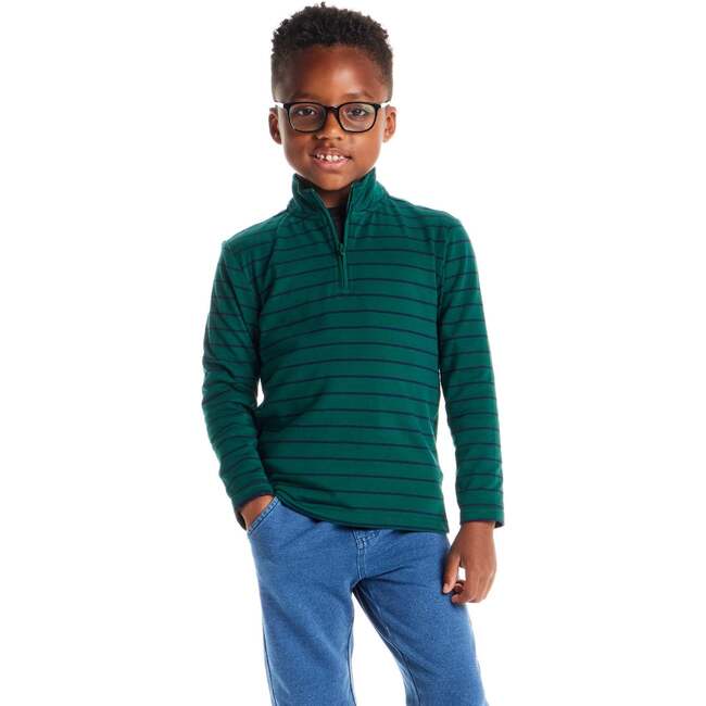 Kids Quarter-Zip Stripe Pullover, Green Stripe - Sweatshirts - 2