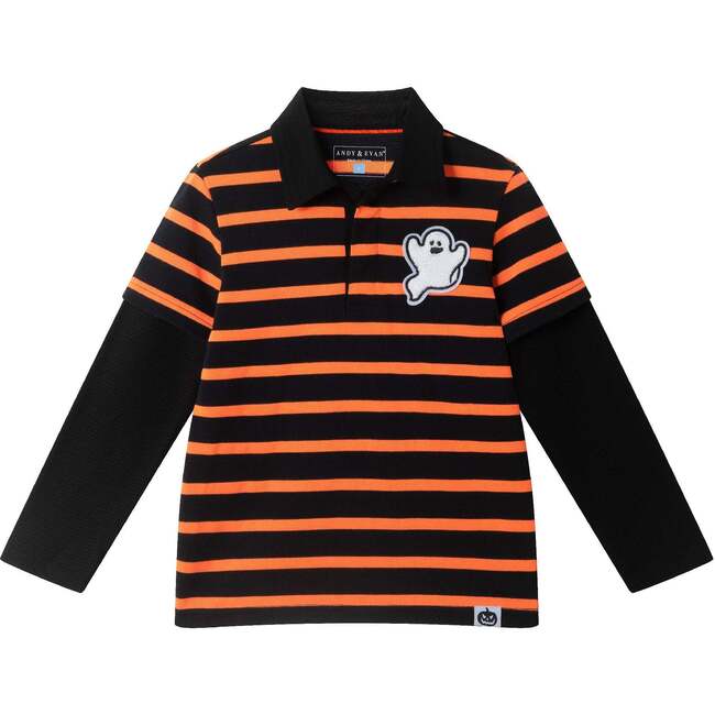 Kids Halloween Rugby Polo, Ghost Patch (Black/Orange)