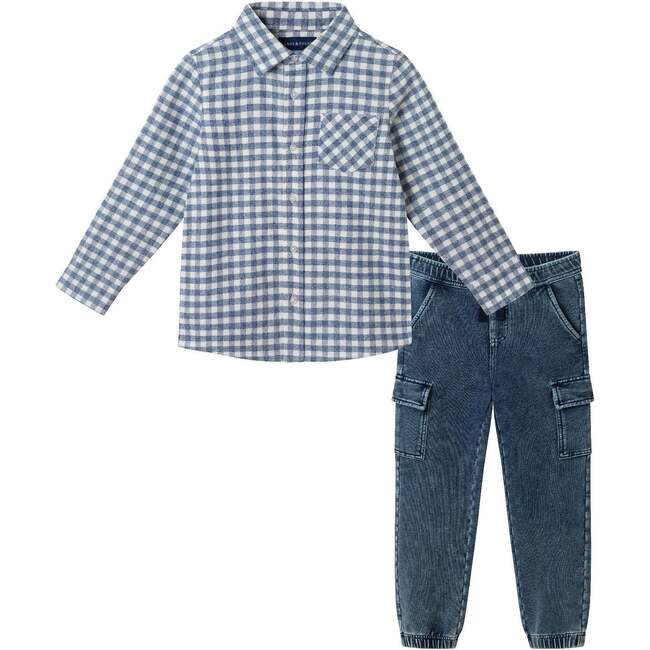Kids Buttondown & Knit Denim Jogger Set, Grey Gingham