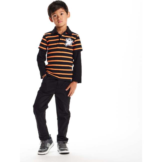 Kids Halloween Rugby Polo, Ghost Patch (Black/Orange) - Polo Shirts - 2
