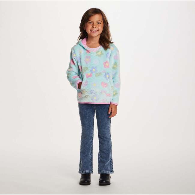 Kids Floral Plush Hoodie, Aqua - Sweatshirts - 2