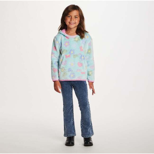 Kids Floral Plush Hoodie, Aqua - Sweatshirts - 5