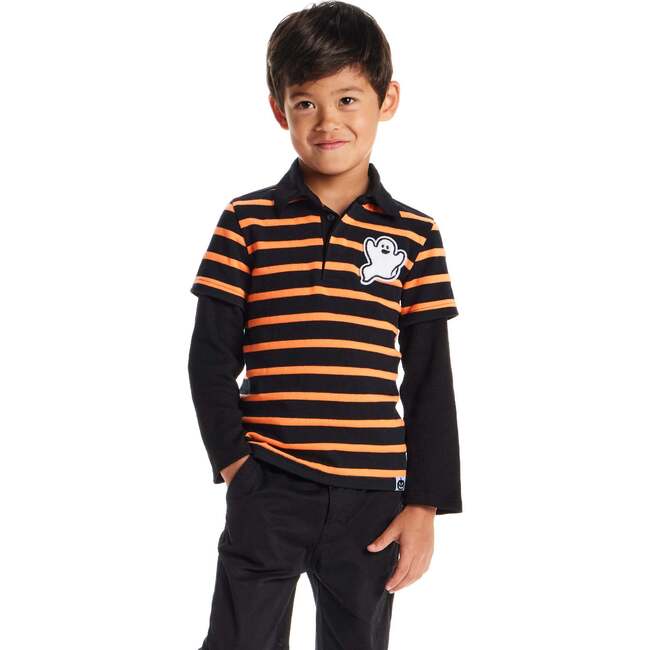 Kids Halloween Rugby Polo, Ghost Patch (Black/Orange) - Polo Shirts - 6