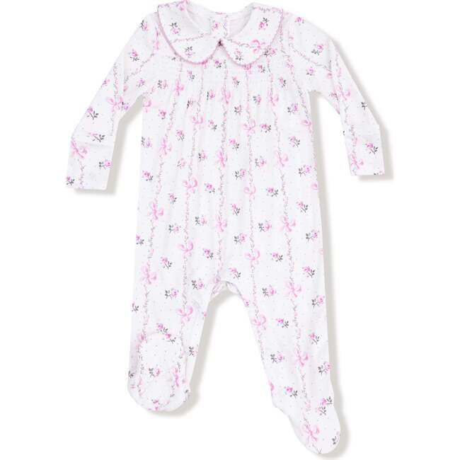 Smocked Peter Pan Snap Footie Dainty Buds and Bows Stripe