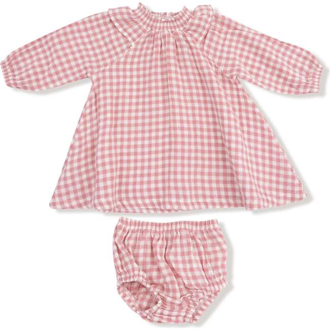 Long Sleeve Ruffle Smocked Neck Dress + Diaper Cover Rose Pink Plaid
