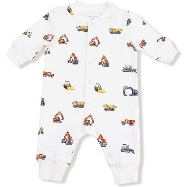 Baseball Collar Romper With Front Placket Construction Vehicles, French Terry