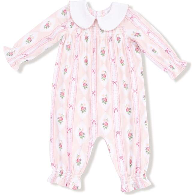 Smocked Long Sleeve Romper with Peter Pan Collar Ogee Lace Floral