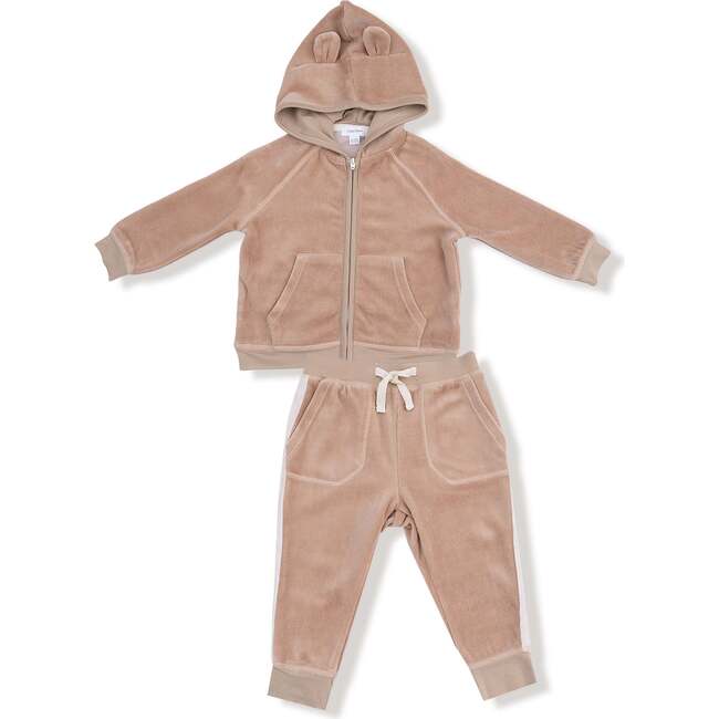 Zip Hoodie + Varsity Stripe Jogger Set Velour Teddy Bear