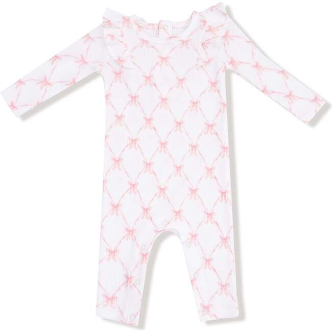 Long Sleeve Ruffle Romper Ribbon Bow Trellis