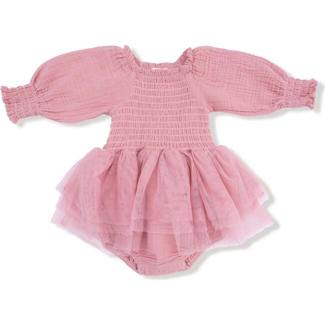 Long Sleeve Smocked Bubble with Tutu Solid Muslin Rose Elegance