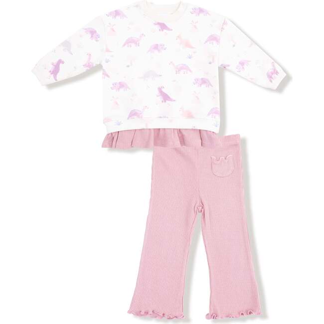 Pull Over Sweatshirt with Ruffle and Flare Pant Soft Dinos- French Terry, Purple