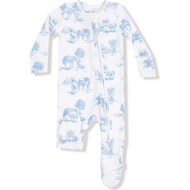 2 Way Zipper Footie Farm Toile, Blue