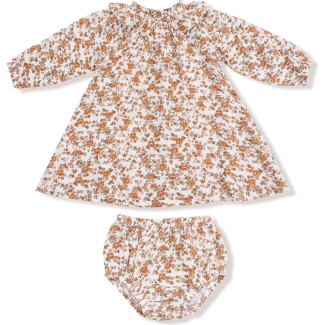 Long Sleeve Ruffle Smocked Neck Dress + Diaper Cover Prairie Calico