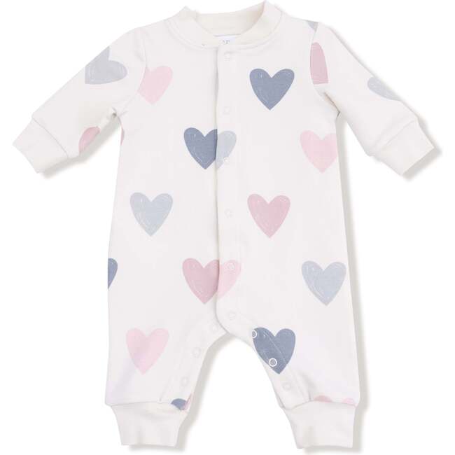 Baseball Collar Romper With Front Placket Hearts, French Terry