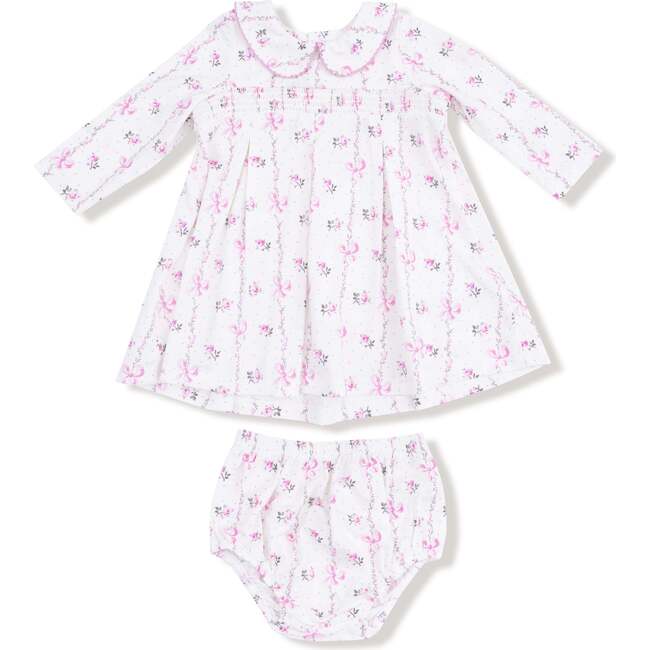 Long Sleeve Peter Pan Collar Dress with Smocking and Bloomer Dainty Buds and Bows Stripe