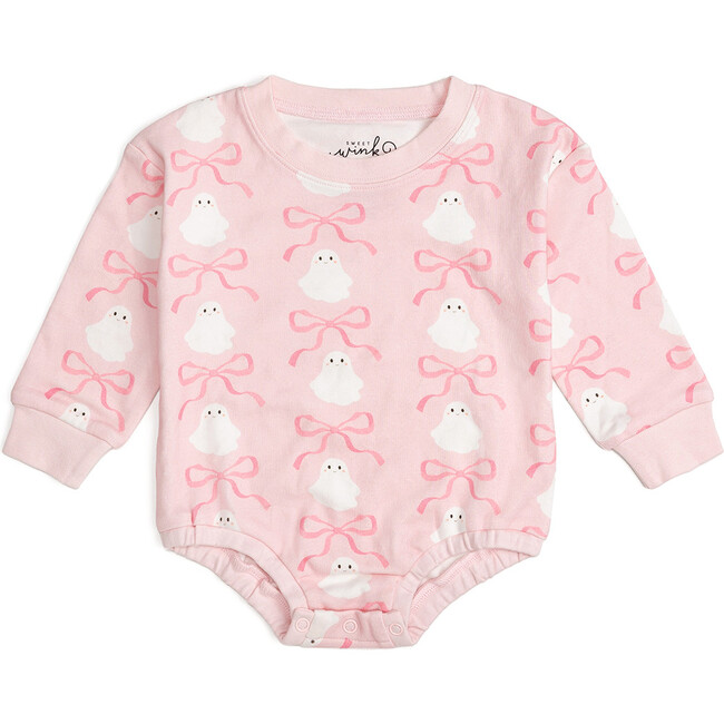 Coquette Ghost Halloween Long Sleeve Romper, Pink