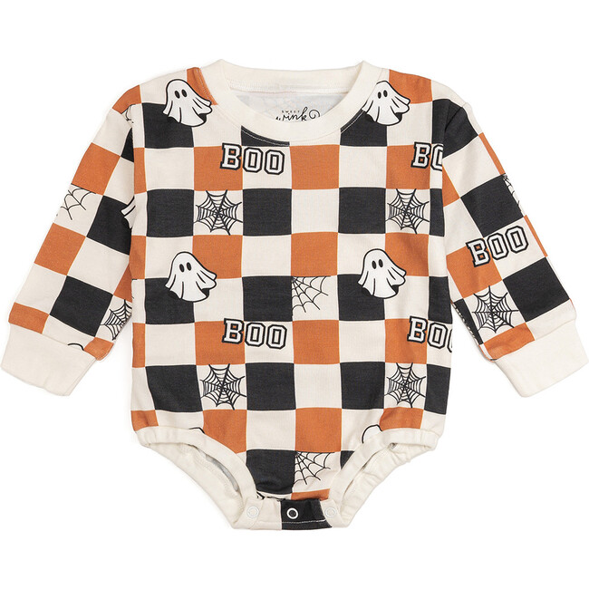 Boo Checkered Halloween Long Sleeve Romper, Natural
