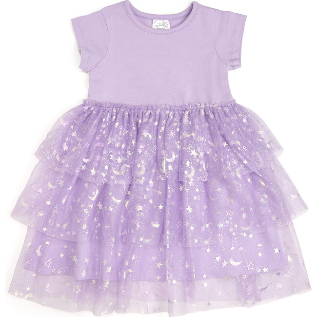 Lilac Star and Moon Halloween Short Sleeve Tutu Dress, Lilac