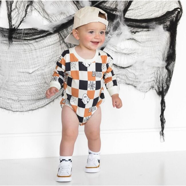 Boo Checkered Halloween Long Sleeve Romper, Natural - Rompers - 2