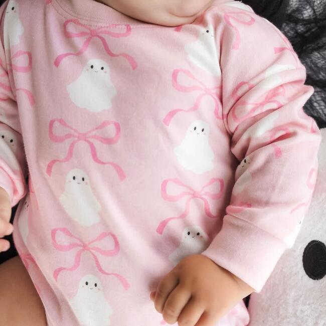 Coquette Ghost Halloween Long Sleeve Romper, Pink - Rompers - 3