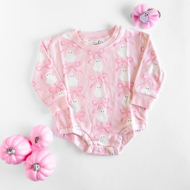 Coquette Ghost Halloween Long Sleeve Romper, Pink - Rompers - 4