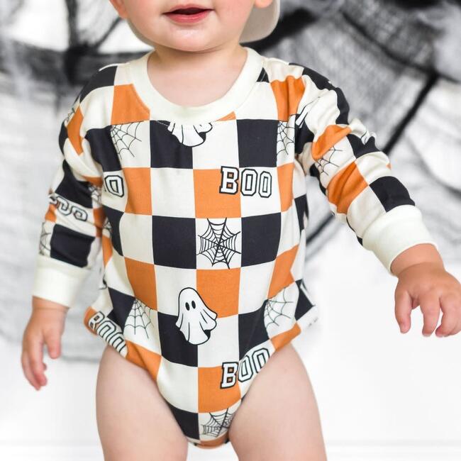 Boo Checkered Halloween Long Sleeve Romper, Natural - Rompers - 3