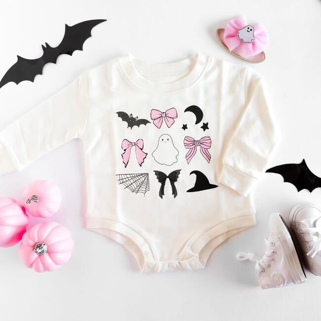 Spooky Coquette Halloween Long Sleeve Romper, White - Rompers - 4