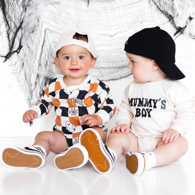 Boo Checkered Halloween Long Sleeve Romper, Natural - Rompers - 5