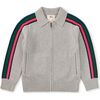 Stripe Sleeve Zip Sweater, Med Heather Grey - Sweaters - 1 - thumbnail