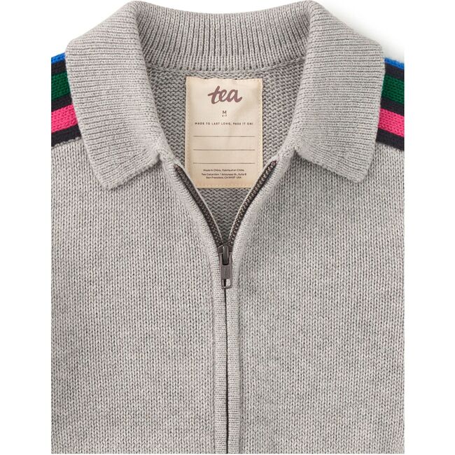 Stripe Sleeve Zip Sweater, Med Heather Grey - Sweaters - 2
