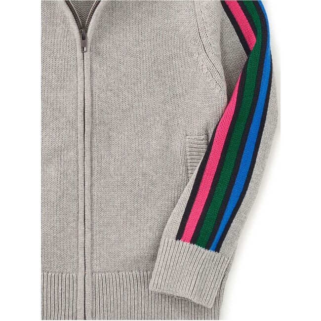 Stripe Sleeve Zip Sweater, Med Heather Grey - Sweaters - 3