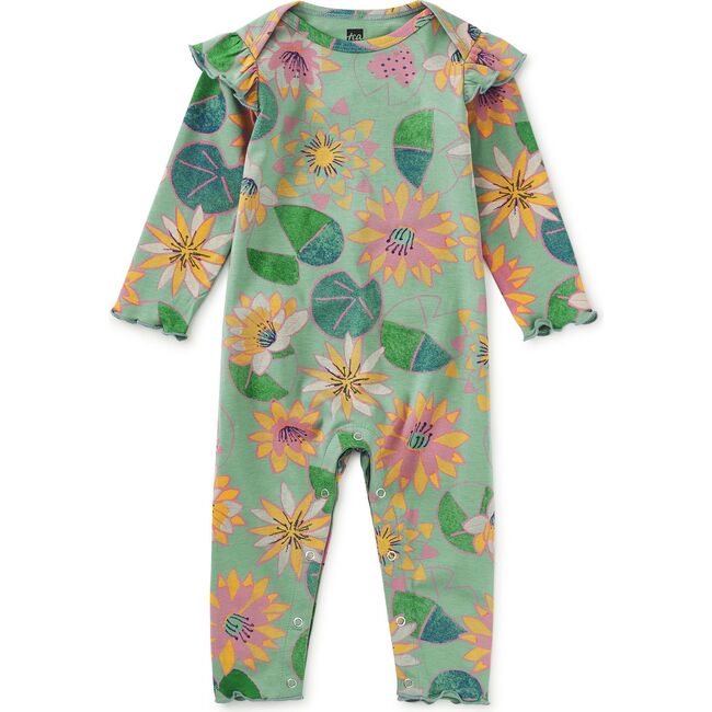 Ruffle Shoulder Baby Romper, Chalk Water Lillies