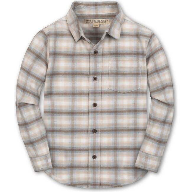 Organic Long Sleeve Flannel Button Down Shirt, Taupe Ombre Plaid