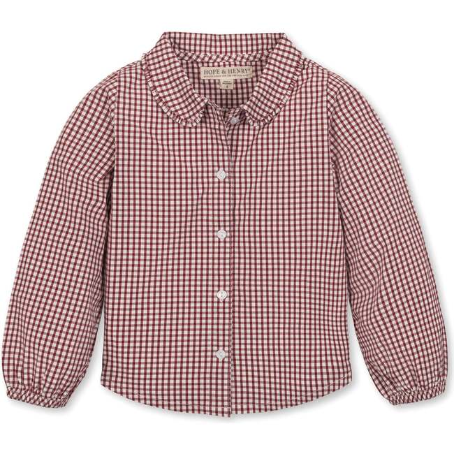 Organic Button Down Peter Pan Collar Top, Dark Red Check