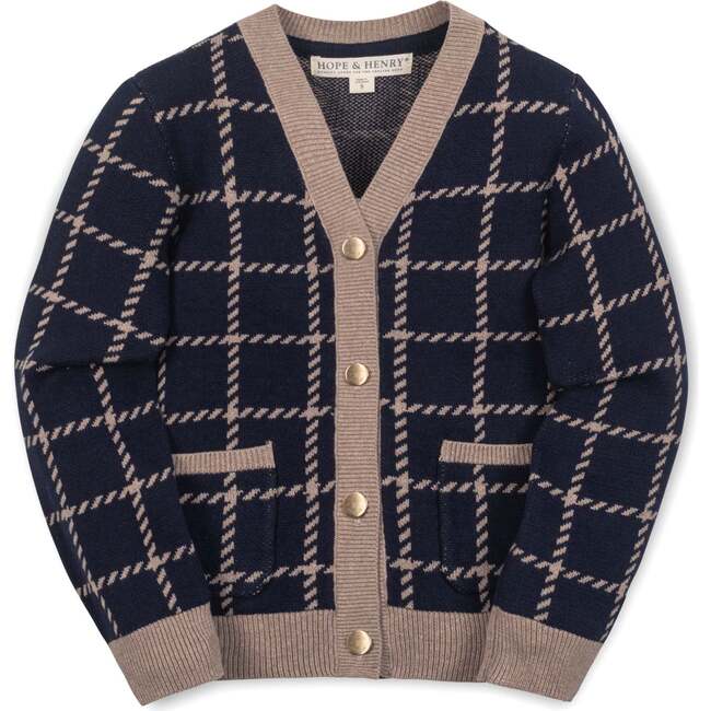 Organic Long Sleeve Boyfriend Cardigan Sweater, Navy and Taupe Windowpane